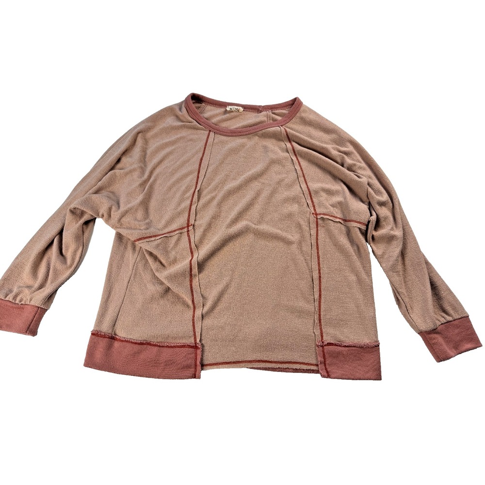 BIBI Womens Contrast Stitch Crinkle Knit Pullover Top Boho Exposed Seam Mauve